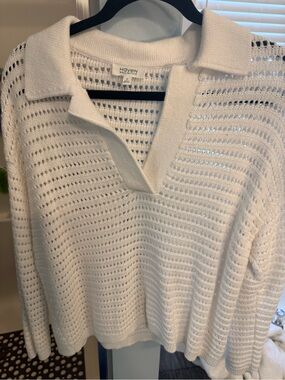 Have Open-Knit White V-Neck Polo Sweater